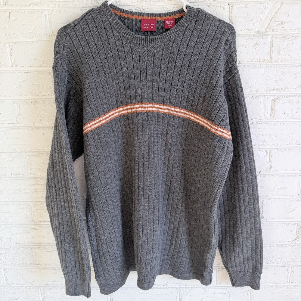Men's ARROW Crew Neck‎ Sweater Size Medium Gray Orange Stripe- 100% Cotton